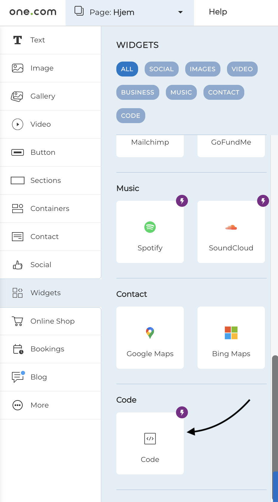 Code Widget in One.com